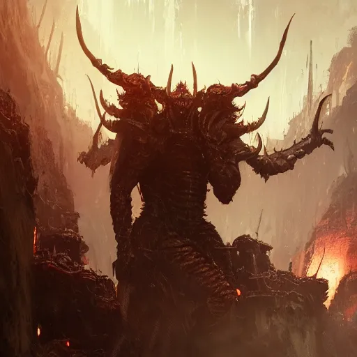 Image similar to medium shot of a demon overlord in the pits of hell, greg rutkowski, 8 k, shallow depth of field, intricate detail, concept art,