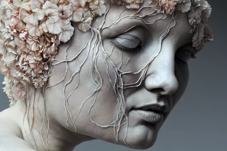 Prompt: a sculpture of a stunningly beautiful woman with flowing tears, fractal flowers on the skin, intricate, a marble sculpture by nicola samori, behance, neo - expressionism, marble sculpture, made of mist, still frame from the prometheus movie by ridley scott with cinematogrophy of christopher doyle, arri alexa, 8 k