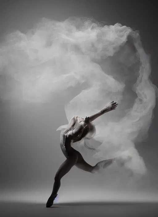 Image similar to a Photorealistic dramatic hyperrealistic render of a glamorous beautiful Female smoke dancer by Ken Brower and Deborah Ory of NYC Dance project,Lois Greenfield,Flowing cloth and smoke,Beautiful dynamic dramatic dark moody lighting,volumetric,shadows,cinematic atmosphere,Octane render,8K