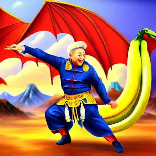 Image similar to Chinese president, battle, weapon bananas, dragon, mountains background, fighting stance, painting