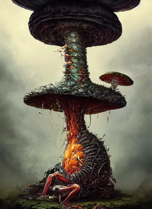 Image similar to giant catepillar smoking a water pipe sitting on a giant mushroom,highly detailed,cinematic,Tarot card,8k,by Stanley Artgermm,Tom Bagshaw,Greg Rutkowski,Carne Griffiths, Ayami Kojima, Beksinski, Giger,trending on DeviantArt,hyper detailed,horror, full of colour