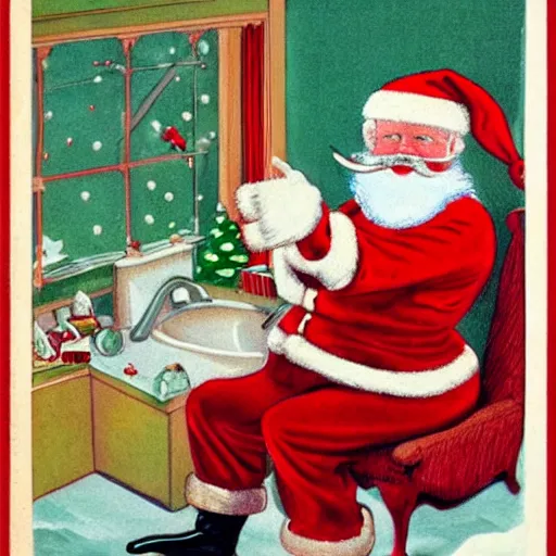 Image similar to santa claus sitting on the toilet in the style of currier & ives