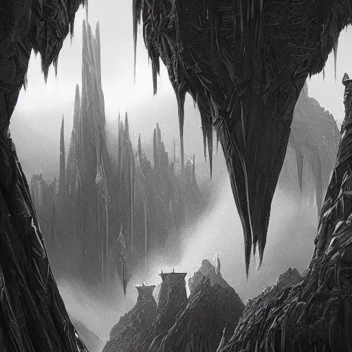 Prompt: symmetrical fantasy landscape, line art by greg rutkowski, b & w