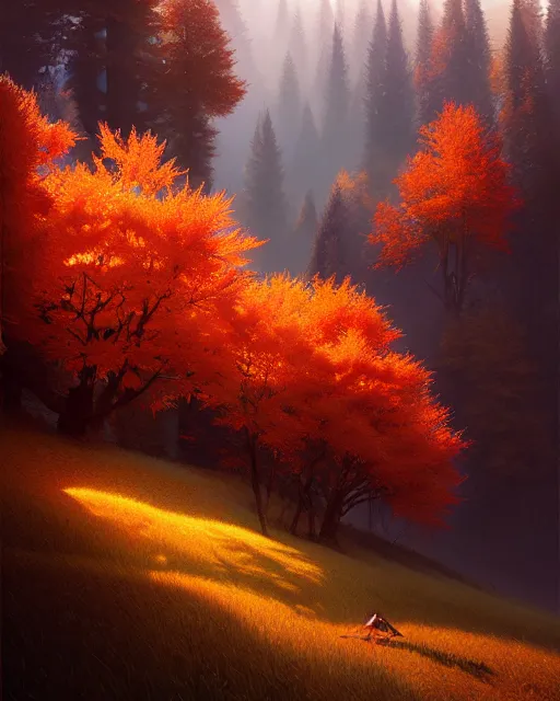 Image similar to autumn in the low - poly hills, diffuse lighting, intricate, elegant, highly detailed, lifelike, photorealistic, digital painting, artstation, illustration, concept art, smooth, sharp focus, by greg rutkowski, chris tulloch mccabe, valentina remenar,