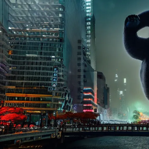 Prompt: giant panda destroying tokyo in the style of the movie godzilla, cinematic lighting framing and shadows