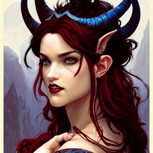 Image similar to an epic fantasy comic book style portrait painting of a teifling rouge with medium long dark hair, d & d, fantasy, intricate, elegant, highly detailed, digital painting, artstation, concept art, matte, sharp focus, illustration, art by artgerm and greg rutkowski and alphonse mucha