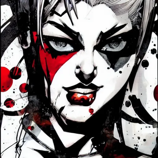 Image similar to dc vertigo Harley Quinn by yoji shinkawa and Ashley wood, black and white, detailed