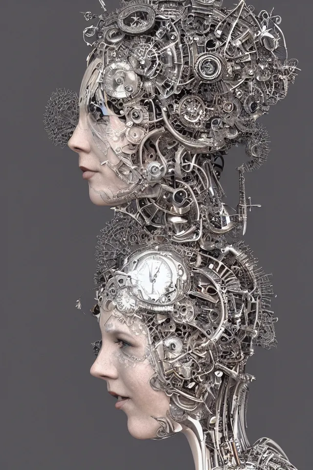 Prompt: beautiful frontal view face portrait of a queen female cyborg, 150mm, chromatic aberration, Mandelbrot fractal, symmetric, steampunk, silver mechanical, intricate, elegant, highly detailed, ornate, ornament, sculpture, elegant , luxury, beautifully lit, ray trace, octane render in the style of peter gric , Alex grey, dynamic ,8K artistic photography, photo-realistic art station