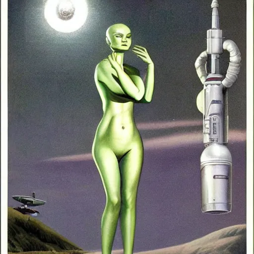 Prompt: beautiful Whitley Streiber Roswell grey alien extraterrestrial species female babe in a tight fitting silver metallic bikini spacesuit, , big pear-shaped head, green skinned, big black almond shaped alien eyes by Mort Kunstler and Gil Elvgren