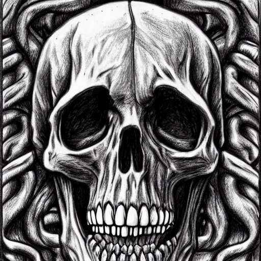 Prompt: hyperrealistic drawing of a monster made of liver and skulls, terrifying, beautiful, cringe, high detail