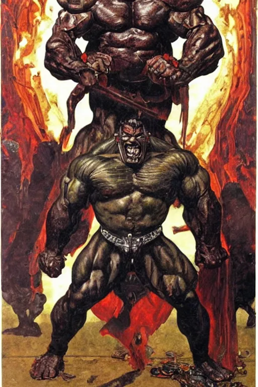 Image similar to full body portrait of huge hulking rich piana as demonic emperor, simple background, painted by jack kirby, lawrence alma tadema, norman rockwell, greg staples, wayne barlow, jacob collins, neville page