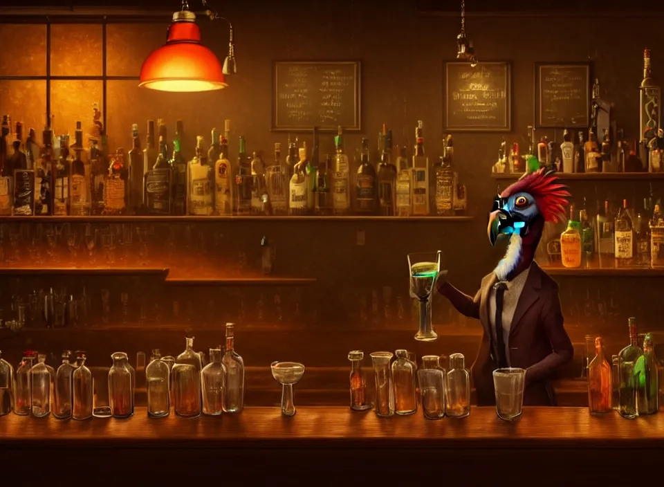 Prompt: anthropomorphic parrot as a bartender behind a bar, dimly-lit cozy tavern, fireplace, 8k octane beautifully detailed render, post-processing, grim yet sparkling atmosphere, cinematic lighting + masterpiece, trending on artstation, very detailed, vibrant colors