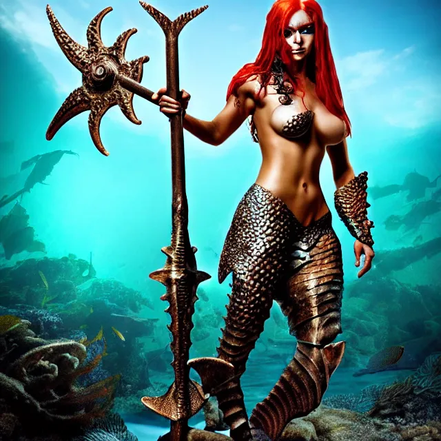 Image similar to armoured mermaid warrior with trident 4 k, hdr, smooth, sharp focus, high resolution, award - winning photo, anne stokes, photorealistic