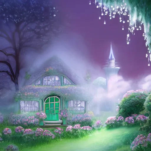 Image similar to a beautiful picture depicts a pale green fairy tale world, a strawberry cottage, white smoke and fairyland. lighting efects, cotton - like white clouds around the house, floating mist and gauze around the house, surrounded by roses, miyazaki hayao animation style, pastoral style, very detailed