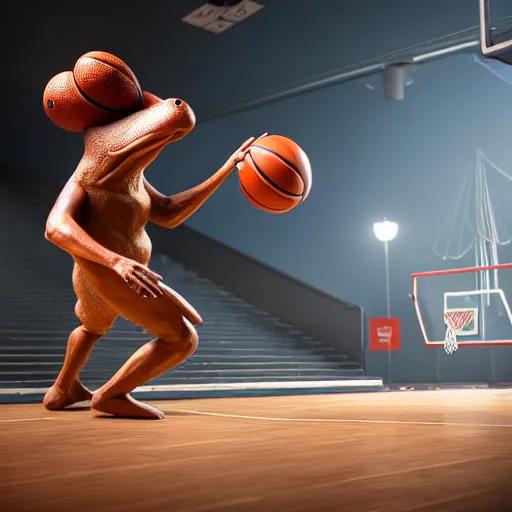 Prompt: a six foot tall anthropomorphic toad playing basketball, spotted, light brown, unreal engine, 4 k, artstation, ultra realistic, dynamic lighting, dynamic shadow,