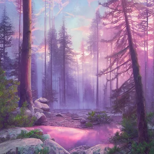 Prompt: solace, peaceful, clouds, beautiful, woods, trees, pine, nice view, gradient of pink and blue, mystical realistic poster with shaded lighting by craig mallismo, artgerm, jeremy lipkin and michael garmash, radiant light, detailed and complex environment, city, utopia, spirituality, sacred geometry, with implied lines