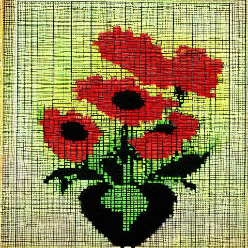 Prompt: a 8bit screen showcasing a photo of flowers, covered in oil painting, by phil hale