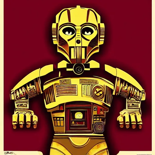 Image similar to A Hyperdetailed Masterpiece of C3P0 in the style of a 1950s propaganda poster