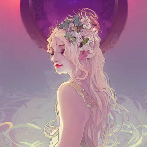 Image similar to Elven goddess of the moon, swirling dress, ambient lighting, 4k, alphonse mucha, lois van baarle, ilya kuvshinov, rossdraws, artstation