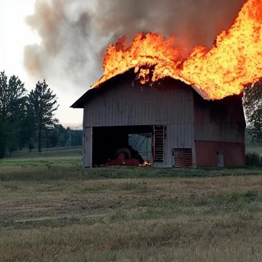 Image similar to a small barn engulfed in flames