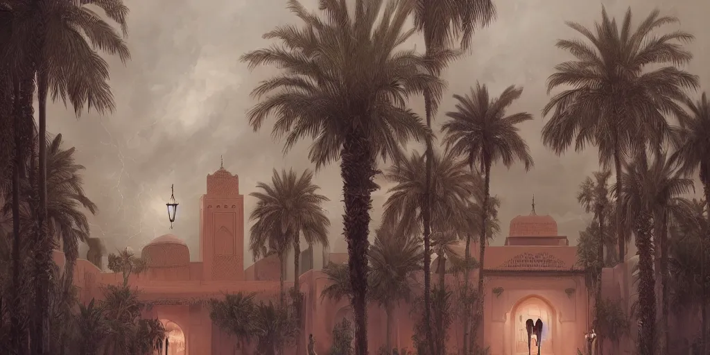 Prompt: thunderstorm in marrakech, palm trees, moroccan mosque, wlop, james jean, tom bagshaw, rococo, trending on artstation, fantasy, intricate, elegant, highly detailed, digital painting, concept art, smooth, illustration, cinematic lighting, hyper realism, octane render, 8 k, hyper detailed.