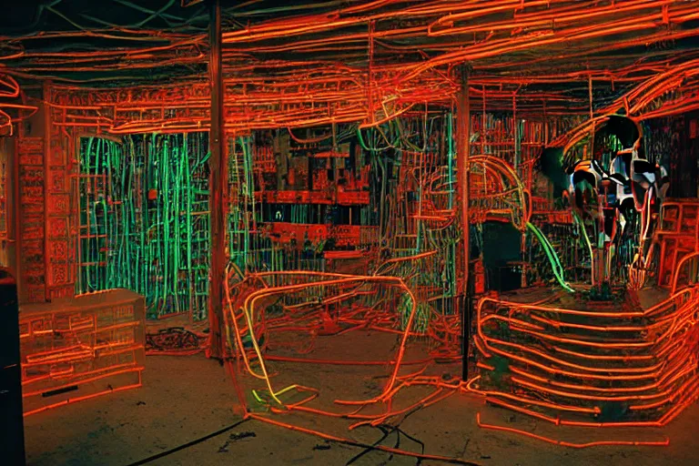 Prompt: skeleton made of neon tubes, shopping inside of a 1970s music store store, neon lights, dirty, ektachrome photograph, volumetric lighting, f8 aperture, cinematic Eastman 5384 film