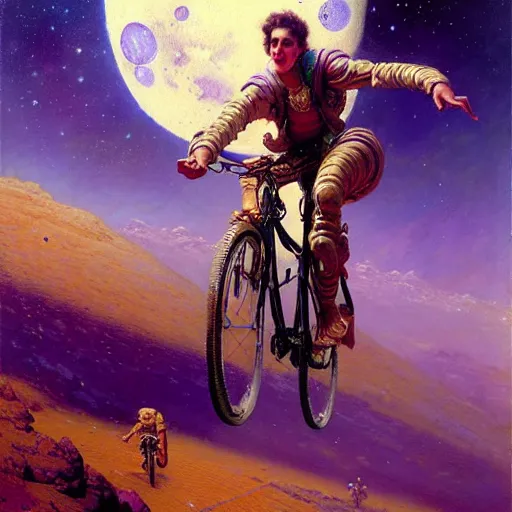 Image similar to a giant purple octopus riding a bicycle on the moon. highly detailed painting by gaston bussiere, greg rutkowski, j c leyendecker 8 k