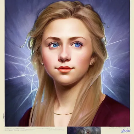 Image similar to portrait of a young beautiful Hillary Clinton in her 20s. violet evergarden with big blue eyes, fantasy, intricate, elegant, highly detailed, digital painting, artstation, concept art, smooth, sharp focus, illustration, art by artgerm and greg rutkowski and alphonse mucha