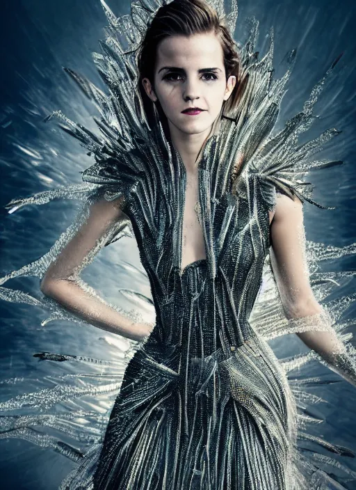 Image similar to expressive full body photo of emma watson, headpiece made from water, dress made of steel blades, glamour shot, by karol bak, stefan gesell, photorealistic, canon, fashion photography, hyper maximalist, elegant, ornate, luxury, elite, environmental portrait, symmetrical features, octane render, unreal engine, solid dark grey background, dramatic lights