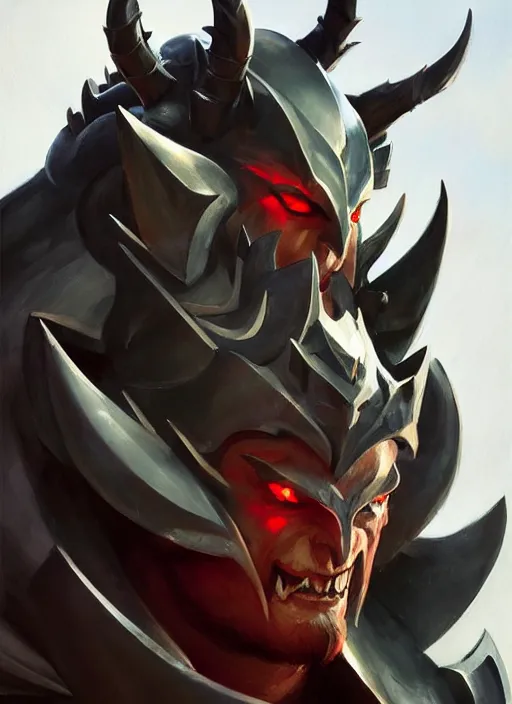 Image similar to Greg Manchess portrait painting of a demonic, devil armored character from league of legends, full shot, asymmetrical, profile picture, Organic Painting, sunny day, Matte Painting, bold shapes, hard edges, street art, trending on artstation, by Huang Guangjian and Gil Elvgren and Sachin Teng