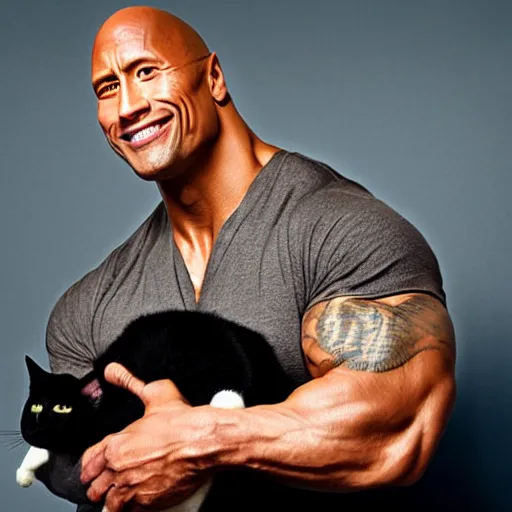 Image similar to dwayne johnson holding a black cat, studio lighting, promotional photograph