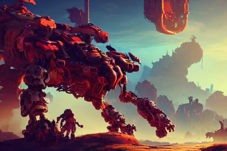 Image similar to behemoth machine mecanical creature robot of horizon forbidden west horizon zero dawn radiating a glowing aura global illumination ray tracing hdr fanart arstation by ian pesty and alena aenami artworks in 4 k