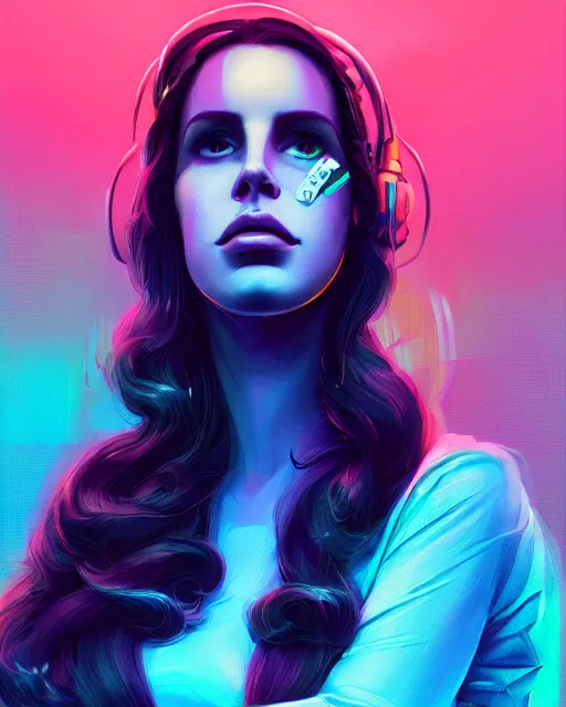 Prompt: portrait of lana del rey as a cyborg. realist abstract. key art. cyberpunk, blue and pink, intricate artwork. cyberpunk augmentations art by tooth wu, wlop, beeple, dan mumford. 8 k octane render, trending on artstation, greg rutkowski very coherent symmetrical artwork. cinematic, hyperrealism, very detailed, iridescent accents