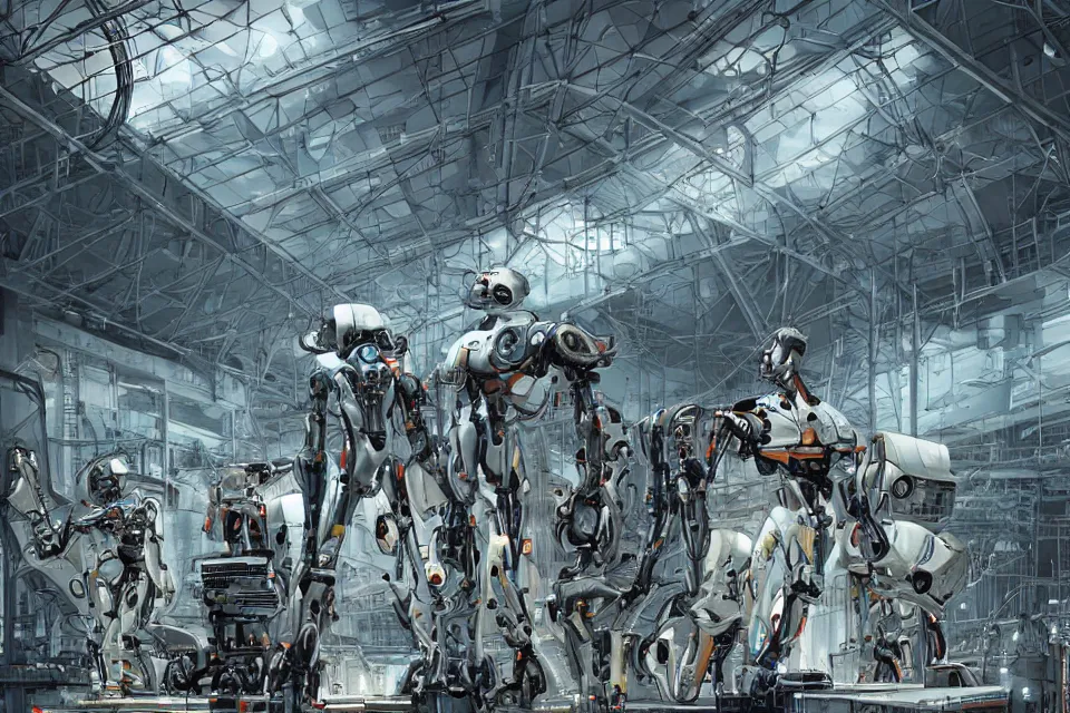 Image similar to hangar with giant humanoid robots, Industrial Scifi, detailed illustration, character design, by Martin Grip and Moebius