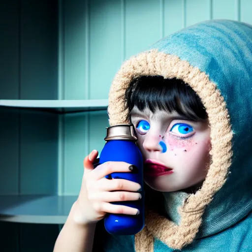 Image similar to a little blue-skinned girl with messy black hair sharp pointed ears freckles along the ridges of her cheeks in a pantry drinking from a leather flask, blue skinned dnd triton, high resolution film still, 4k, HDR colors