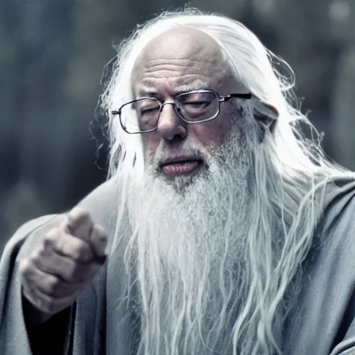 Prompt: Bernie Sanders as Gandalf the grey in full robes defending the Bridge of Khazad-dûm, 35mm film