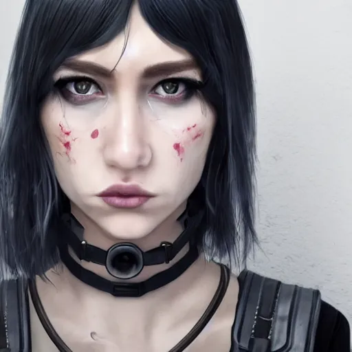 Image similar to detailed realistic female character cyberpunk wearing thick steel collar around neck, realistic, art, beautiful, 4K, collar, choker, collar around neck, punk, artstation, detailed, female, woman, choker, cyberpunk, neon, punk, collar, choker, collar around neck, thick collar, choker around neck, wearing choker, wearing collar, eyes, thick collar,