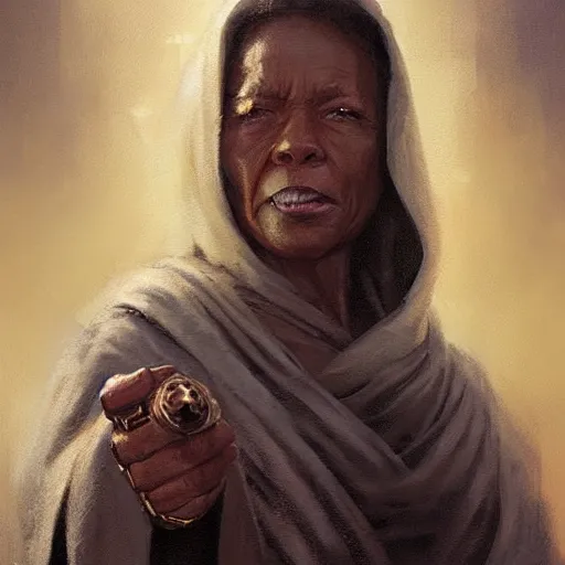 Prompt: portrait of a woman by greg rutkowski, old jedi master, afroamerican, wise, star wars expanded universe, she is about 7 0 years old, wearing jedi robes.