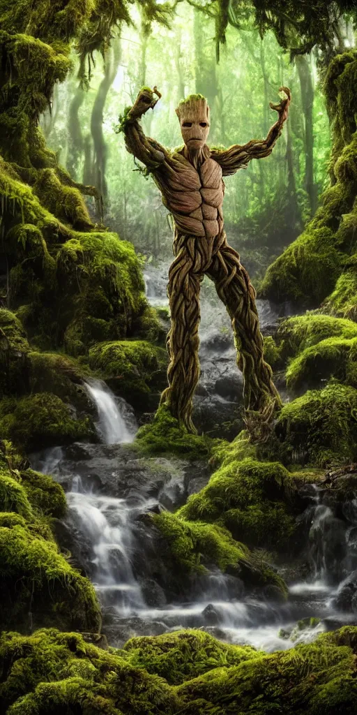 Prompt: photorealistic wide shot focus portrait of Groot posing, under waterfall, jungle, green moss, bokeh, octane render, unreal engine 4k, volumetric lighting, mist, detailed