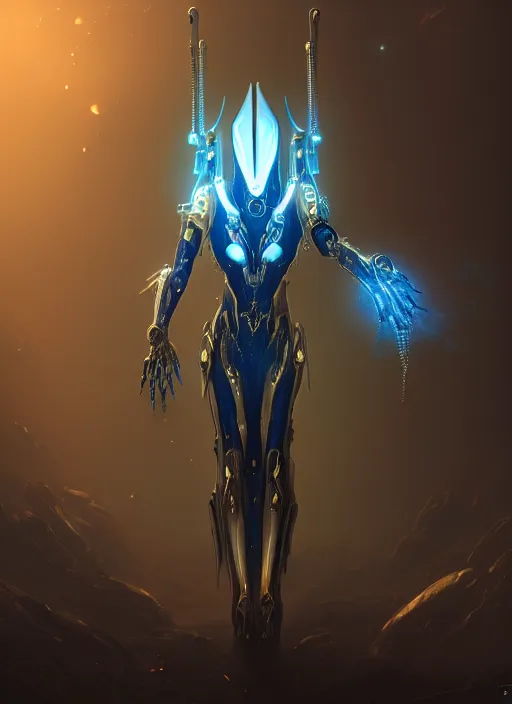 Prompt: benevolent cyborg necromancer, scifi, futurism, alien room background, white, blue, gold, protoss, warframe, highly detailed, trending on artstation, soft light, sharp edges, illustration, character design, art by vitaly bulgarov and nivanh chanthara