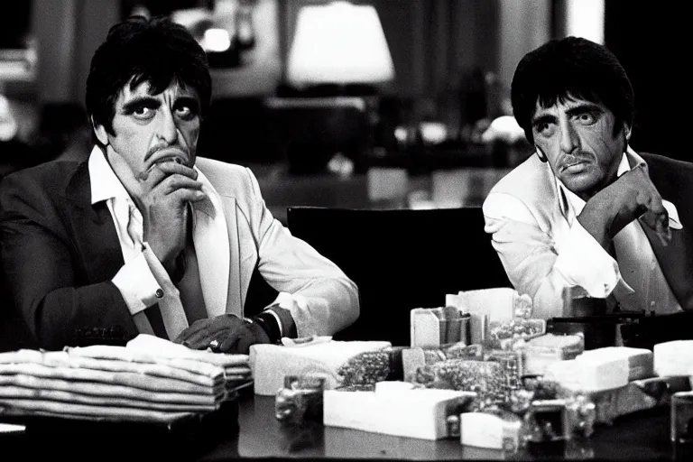 Image similar to tony montana from movie scarface 1 9 8 3 sitting at a big black oak table with big packages of flour. next to the night window. al pacino. perfect symmetric face, coherent eyes,, fine details, 4 k, ron cobb, cinestill