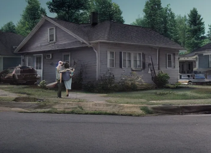 Image similar to a detailed photographic render of an american suburb by gregory crewdson, photoreal, 4 k