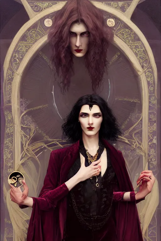 Prompt: a beautiful androgynous man, long thick dark hair, deep brown eyes, vampire, dressed in velvet, wearing a ruby pendant, illustration, dramatic lighting, soft details, painting oil on canvas, art nouveau, octane render, HDR, 4k, 8k, HD, by Edmund Blair Leighton, Brom, Charlie Bowater, faces by otto schmidt