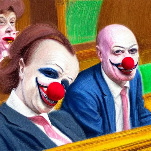 Image similar to a highly detailed beautiful portrait close up hyper realistic painting of british members of parliament in the house of commons wearing pastel coloured clown costumes with pleasant oversized joyful faces, they are smoking. in the style of edward hopper, richard hamilton. concept art. green leather benches. photographic. concept. crisp digital art. no artefacts. desaturated. high fidelity facial portrait. 8 k