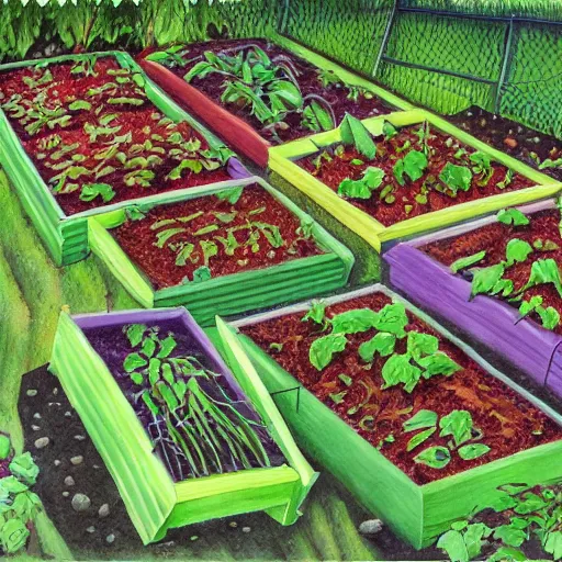 Image similar to raised garden beds full of tomotoes and string beans, concept art, illustrated, highly detailed, high quality, bright colors, optimistic,