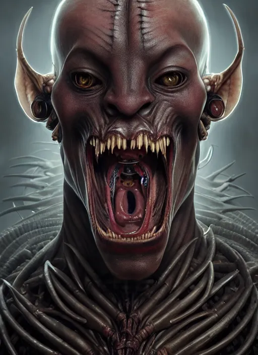 Image similar to ultra realistic, male human predator alien hybrid, fangs, goth, tattoos, leather, fantasy, flesh, bone, body horror, intricate details, eerie, highly detailed, octane render, 8 k, art by artgerm and alphonse mucha and greg rutkowski