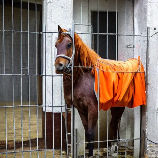 Image similar to horse with orange inmate clothes, in a jail