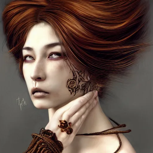 Image similar to portrait of a Shibari rope wrapped face and neck, headshot, insanely nice professional hair style, dramatic hair color, digital painting, of a old 13th century, traveler, amber jewels, baroque, ornate clothing, scifi, realistic, hyperdetailed, chiaroscuro, concept art, art by Franz Hals and Jon Foster and Ayami Kojima and Amano and Karol Bak,