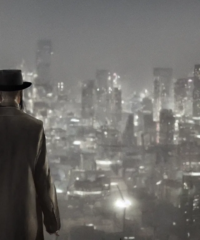 Image similar to a night rooftop scene, close up shot of a photorealistic gangster wearing a trench coat looking at the city below, unreal engine, hyper realism, realistic shading, cinematic composition, realistic render, octane render, detailed textures