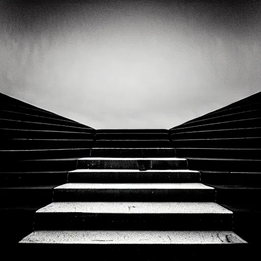 Image similar to black and white surreal photograph, highly detailed vast space made of stairsteps, sideview, detailed textures, natural light, mist, architecture photography, film grain, soft vignette, sigma 1 4 mm f / 1. 4 1 / 1 0 sec shutter, imax 7 0 mm footage